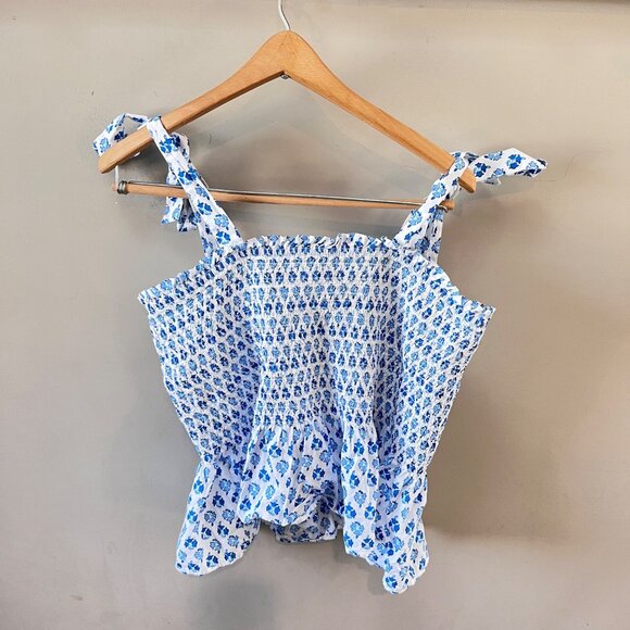 J.Crew Re-Imagined Blue & White Floral Smocked Tank Top With Tie Straps Womens L - Picture 7 of 7